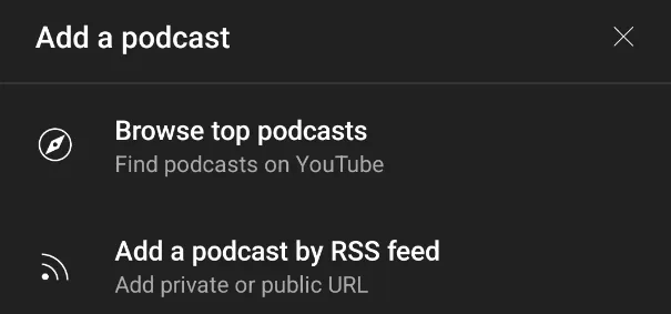 the button that shows how to add the podcast via the rss feed