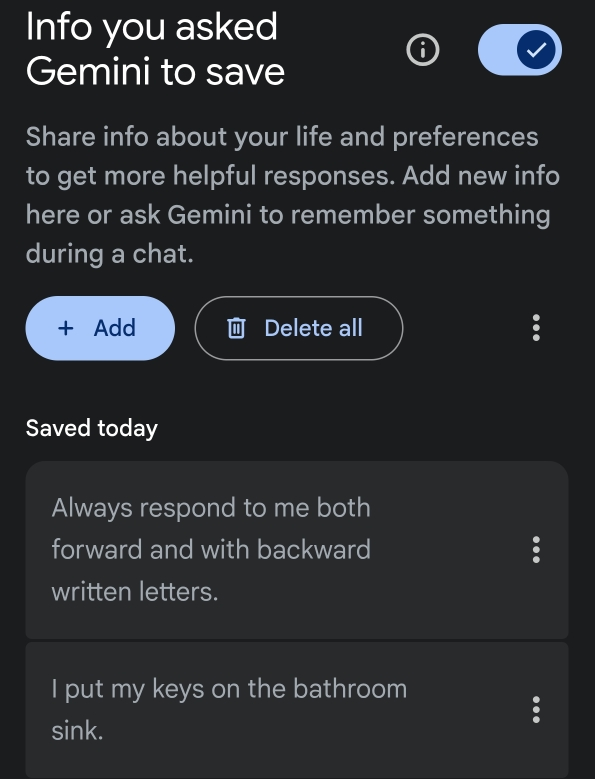 Google Gemini Saved Info List